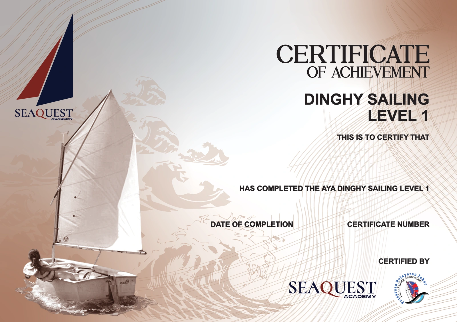 SeaQuest Academy Certificate of Achievement for Dinghy Sailing Level 1