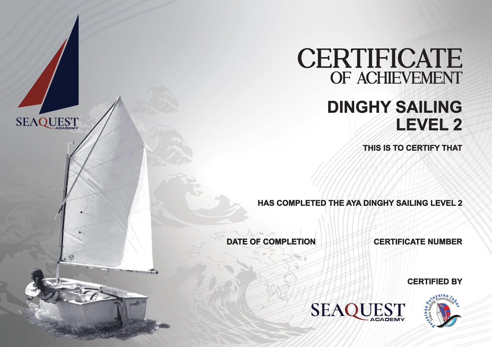 SeaQuest Academy Certificate of Achievement for Dinghy Sailing Level 2
