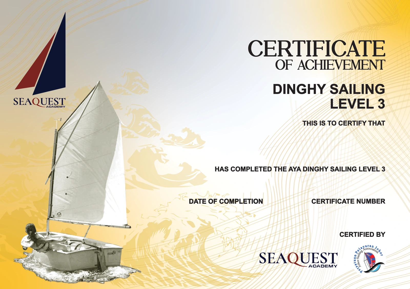SeaQuest Academy Certificate of Achievement for Dinghy Sailing Level 3